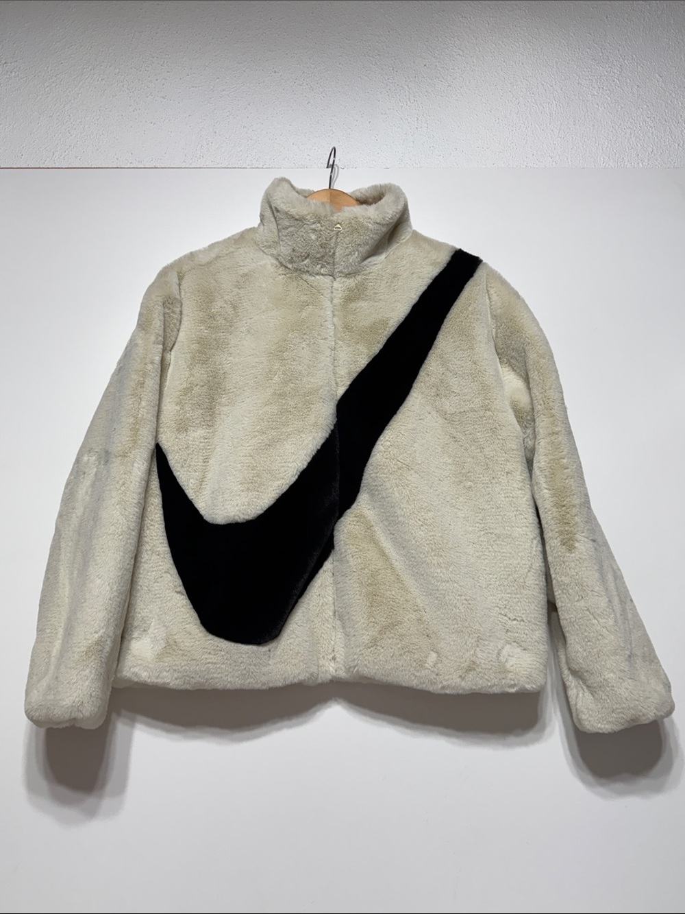 Nike Swoosh Faux Fur Sportswear Jacket in Fossil/Black Colorway